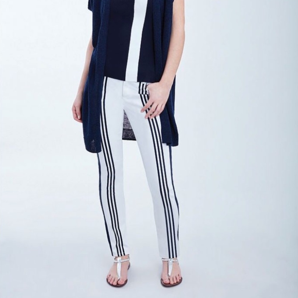 Etcetera White Jeans with Dark Navy Blue Stripes